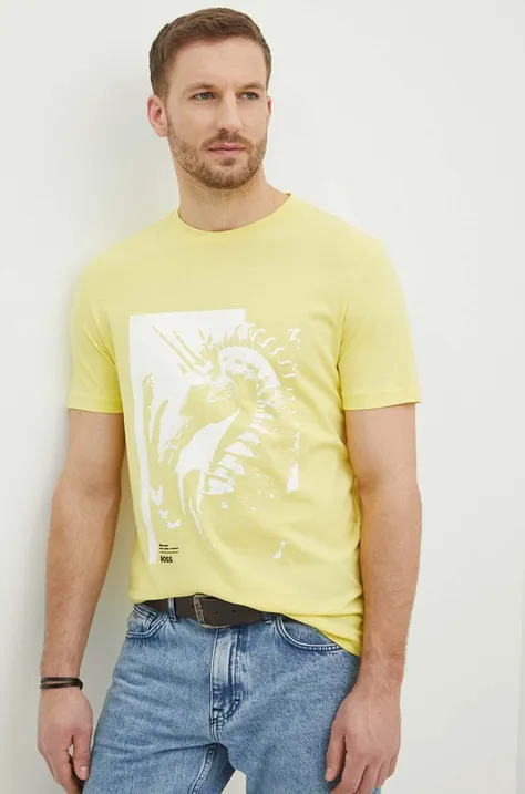 Bavlnené tričko Boss Orange pánsky, žltá farba, s potlačou, 50515626