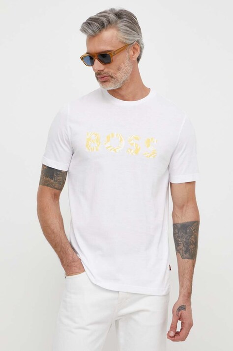 BOSS Orange tricou din bumbac bărbați, culoarea bej, cu imprimeu 50515997