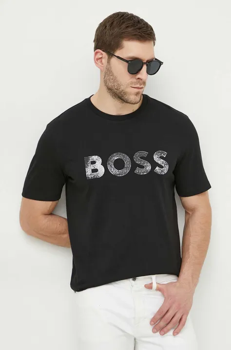 Хлопковая футболка Boss Orange мужской цвет чёрный с принтом
