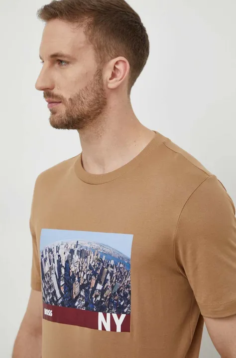 BOSS t-shirt bawełniany męski kolor beżowy z nadrukiem