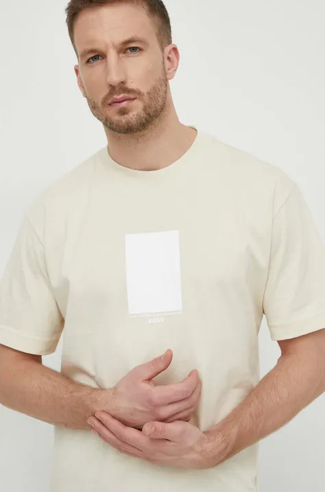 Bavlnené tričko BOSS pánsky,béžová farba,s potlačou,50512118