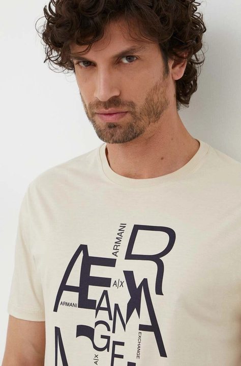 Armani Exchange tricou din bumbac barbati, culoarea bej, cu imprimeu