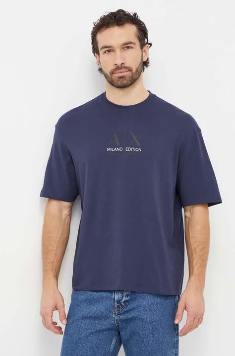 Armani Exchange tricou din bumbac barbati, culoarea albastru marin, cu imprimeu
