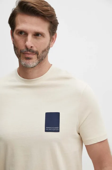 Bavlnené tričko Armani Exchange pánsky, béžová farba, s nášivkou