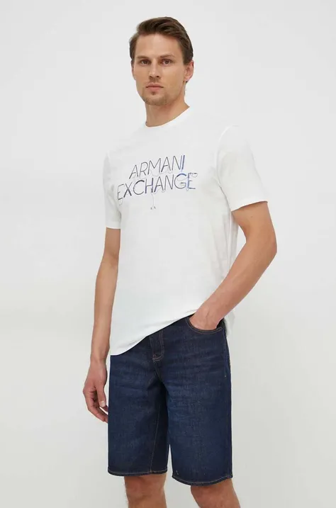 Pamučna majica Armani Exchange za muškarce, boja: bež, s tiskom, 3DZTJF ZJH4Z