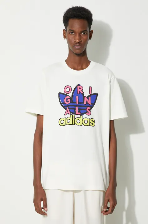 adidas Originals tricou din bumbac bărbați, culoarea bej, cu imprimeu IS2911