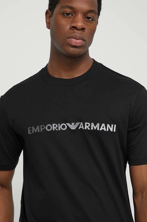 Хлопковая футболка Emporio Armani мужской цвет чёрный с аппликацией