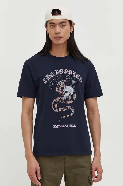 Bavlnené tričko The Kooples pánsky, tmavomodrá farba, s potlačou
