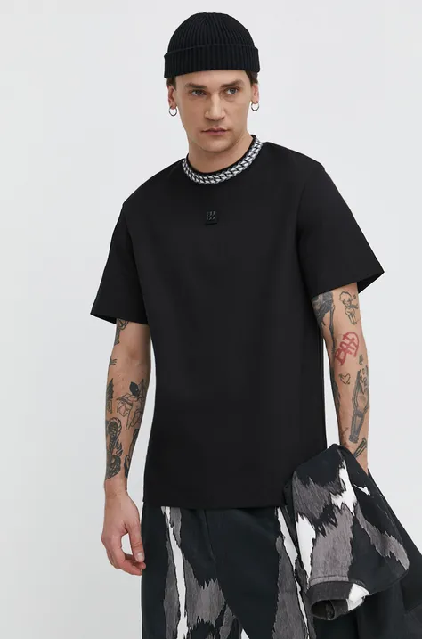 Bavlnené tričko HUGO pánsky,čierna farba,s nášivkou,50510035