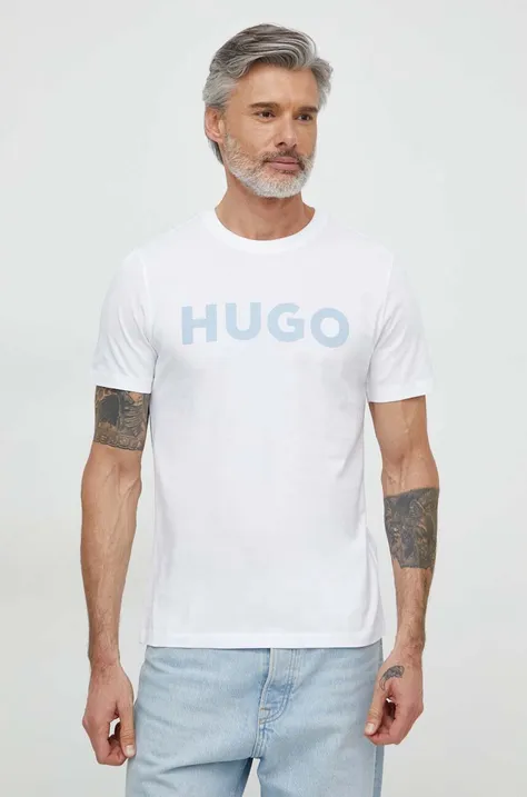 Bavlnené tričko HUGO pánsky, biela farba, s potlačou, 50513309