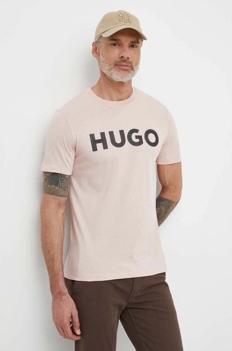 HUGO tricou din bumbac bărbați, culoarea roz, cu imprimeu 50513309