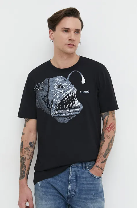 Памучна тениска HUGO в черно с принт 50513812