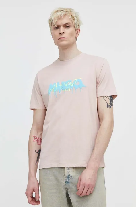 Pamučna majica HUGO za muškarce, boja: ružičasta, s tiskom, 50515282