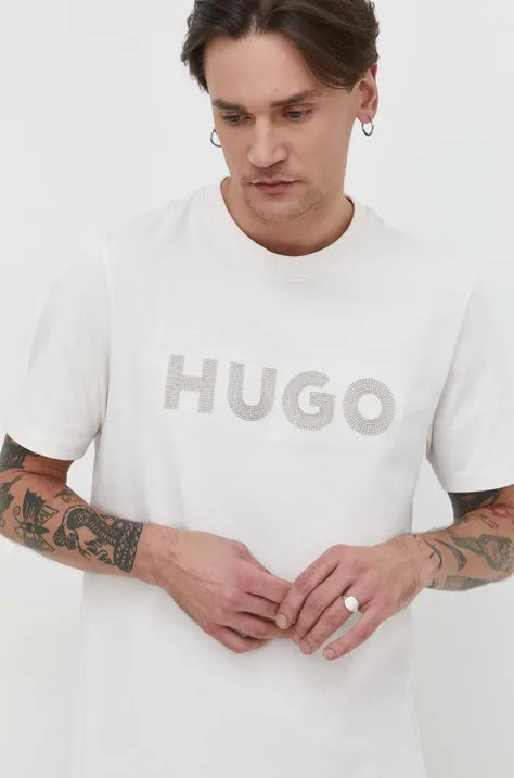 Bavlnené tričko HUGO pánsky,béžová farba,s nášivkou,50509958