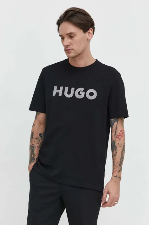 Bavlnené tričko HUGO pánsky,čierna farba,s nášivkou,50509958