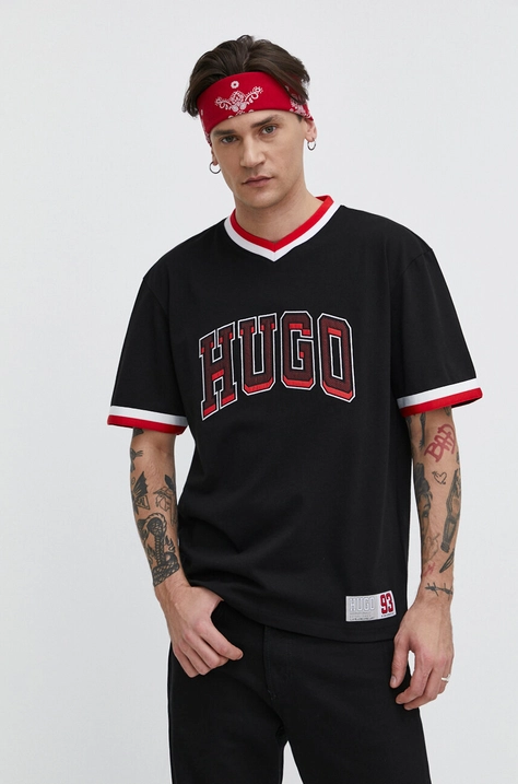 HUGO tricou din bumbac bărbați, culoarea negru, cu imprimeu 50510173