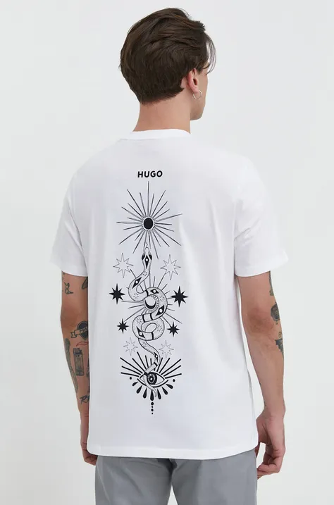 Pamučna majica HUGO za muškarce, boja: bijela, s tiskom