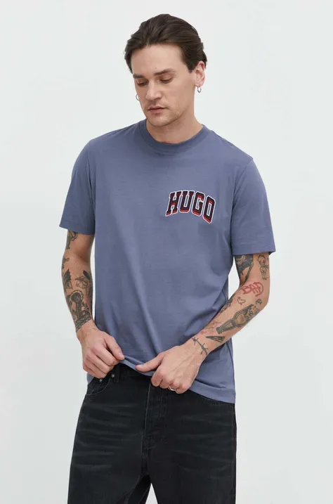 HUGO t-shirt bawełniany męski kolor niebieski z aplikacją