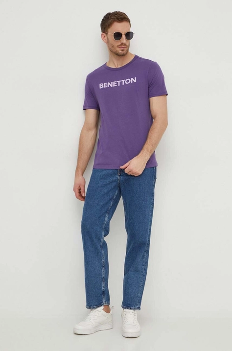 United Colors of Benetton tricou din bumbac barbati, culoarea violet, cu imprimeu