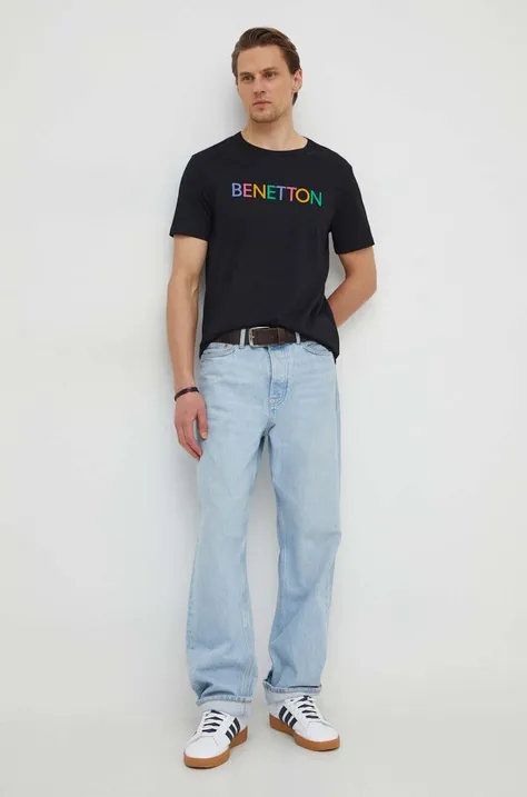 United Colors of Benetton tricou din bumbac barbati, culoarea negru, cu imprimeu