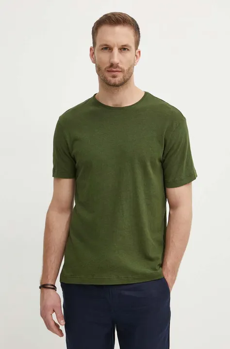 Ľanové tričko United Colors of Benetton zelená farba, jednofarebný