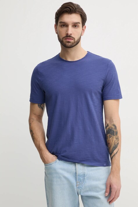 United Colors of Benetton tricou din bumbac barbati, culoarea albastru marin, neted, 3JE1J19A5