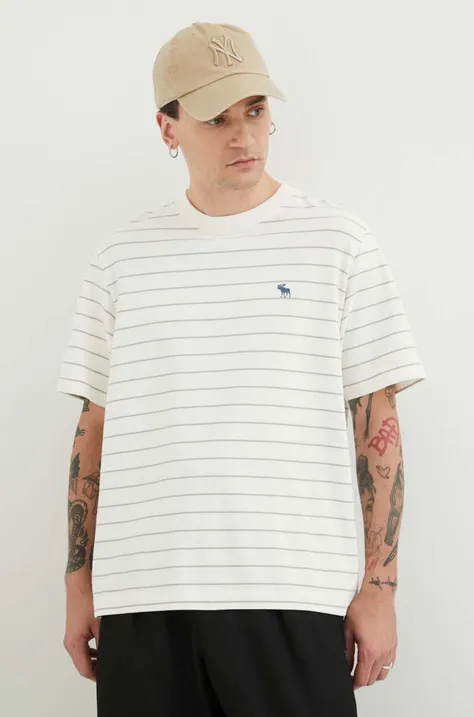 Bavlnené tričko Abercrombie & Fitch pánsky, béžová farba, vzorovaný