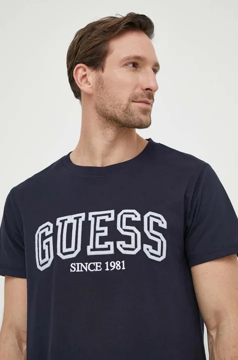 Хлопковая футболка Guess мужской цвет синий с аппликацией