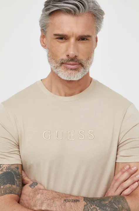 Guess t-shirt bawełniany PIMA męski kolor beżowy z aplikacją M2BP47 K7HD0