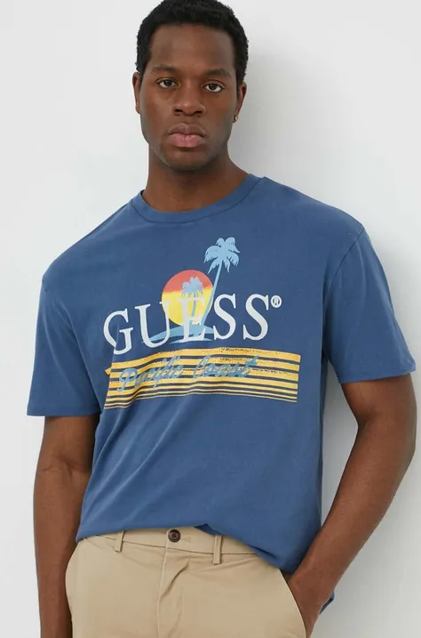 Pamučna majica Guess PACIFIC za muškarce, boja: tamno plava, s tiskom, M4GI41 KBZV1
