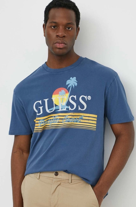 Guess tricou din bumbac PACIFIC barbati, culoarea albastru marin, cu imprimeu, M4GI41 KBZV1