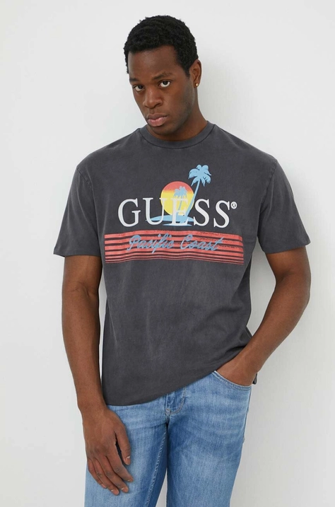 Guess tricou din bumbac PACIFIC barbati, culoarea gri, cu imprimeu, M4GI41 KBZV1