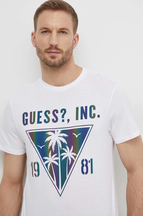 Guess tricou din bumbac barbati, culoarea alb, cu imprimeu