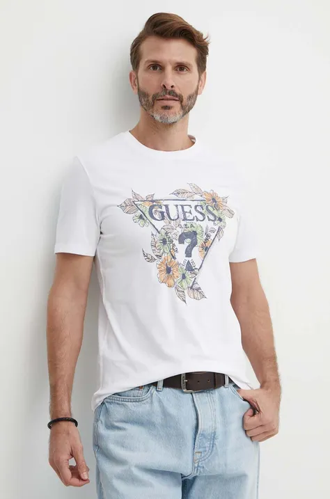 Хлопковая футболка Guess мужской цвет белый с принтом