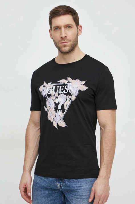 Памучна тениска Guess FLOWERS в черно с принт M4GI11 I3Z14