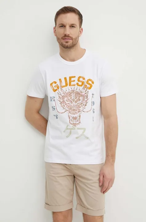 Pamučna majica Guess DRAGON za muškarce, boja: bijela, s aplikacijom, M4GI21 K8FQ4