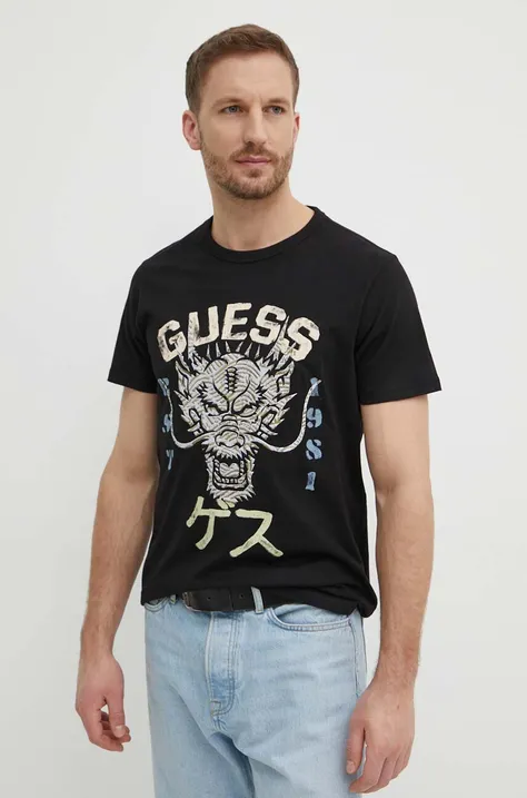 Pamučna majica Guess DRAGON za muškarce, boja: crna, s aplikacijom, M4GI21 K8FQ4