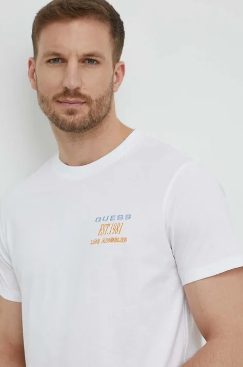 Pamučna majica Guess za muškarce, boja: bijela, s aplikacijom, M4GI30 I3Z14