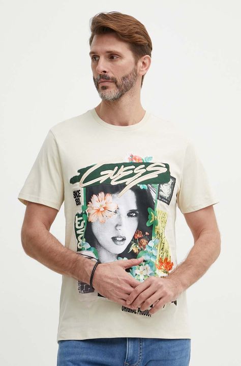Βαμβακερό μπλουζάκι Guess ανδρικό, χρώμα: μπεζ, M4GI49 KBW41