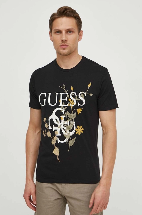 Pamučna majica Guess za muškarce, boja: crna, s aplikacijom, M4GI53 K9RM1