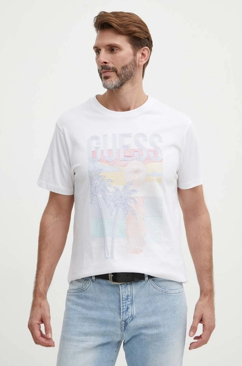 Guess tricou din bumbac barbati, culoarea alb, cu imprimeu, M4GI15 I3Z14