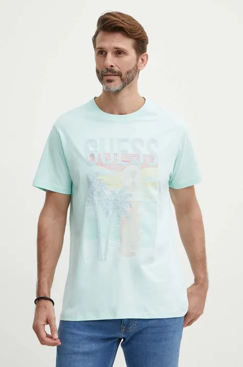 Pamučna majica Guess za muškarce, boja: tirkizna, s aplikacijom, M4GI15 I3Z14