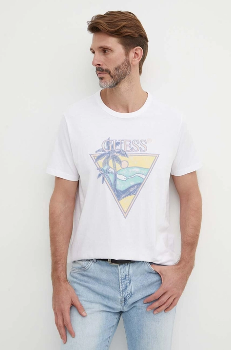 Guess tricou din bumbac barbati, culoarea alb, cu imprimeu, M4GI16 I3Z14