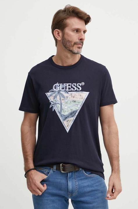 Guess t-shirt bawełniany męski kolor granatowy z nadrukiem M4GI16 I3Z14