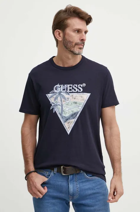 Bavlnené tričko Guess pánske, tmavomodrá farba, s potlačou, M4GI16 I3Z14