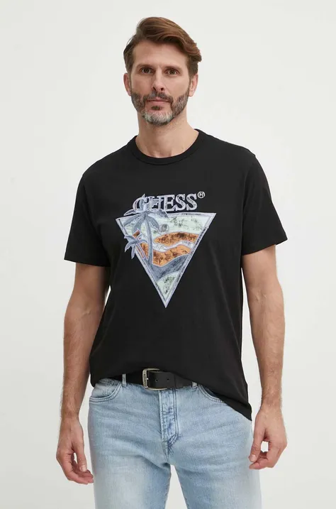 Pamučna majica Guess za muškarce, boja: crna, s tiskom, M4GI16 I3Z14