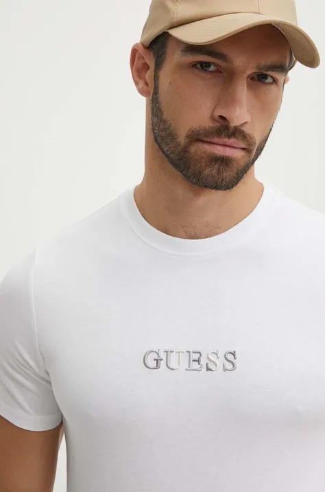 Pamučna majica Guess za muškarce, boja: bijela, s aplikacijom, M4GI92 I3Z14