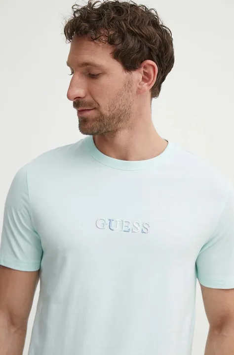 Хлопковая футболка Guess мужская цвет бирюзовый с аппликацией M4GI92 I3Z14