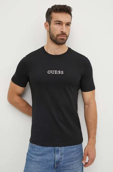 Bavlnené tričko Guess pánske, čierna farba, s nášivkou, M4GI92 I3Z14