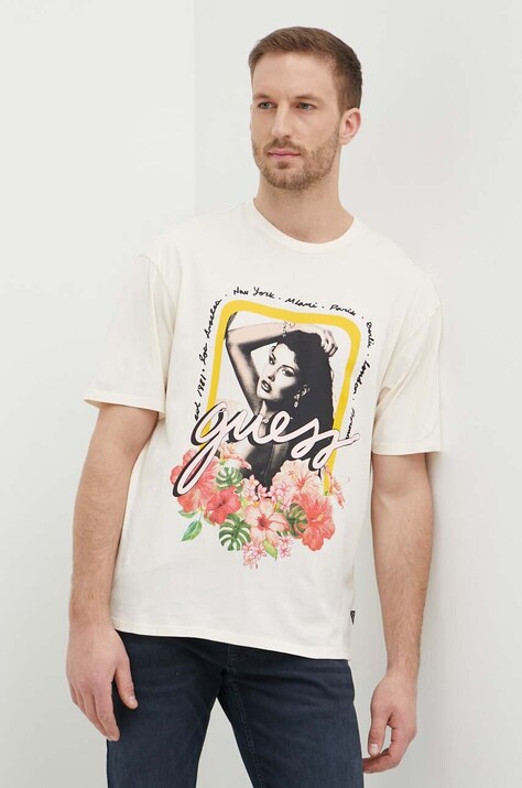 Guess tricou din bumbac barbati, culoarea bej, cu imprimeu, M4GI12 K9RM1